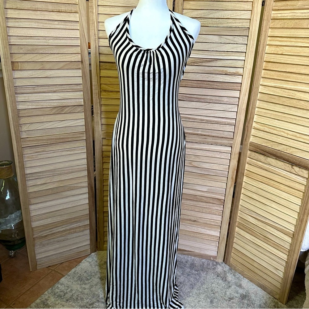 Black & White Striped Backless Spaghetti Strap Maxi Dress Sz Lg